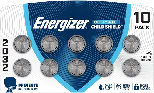 Energizer Ultimate Child Shield CR2032 Batteries (10 Pack), 3V Lithium Coin Batteries, Compatible with Apple AirTag and Tile Pro Devices, Key Fobs, Watches and More